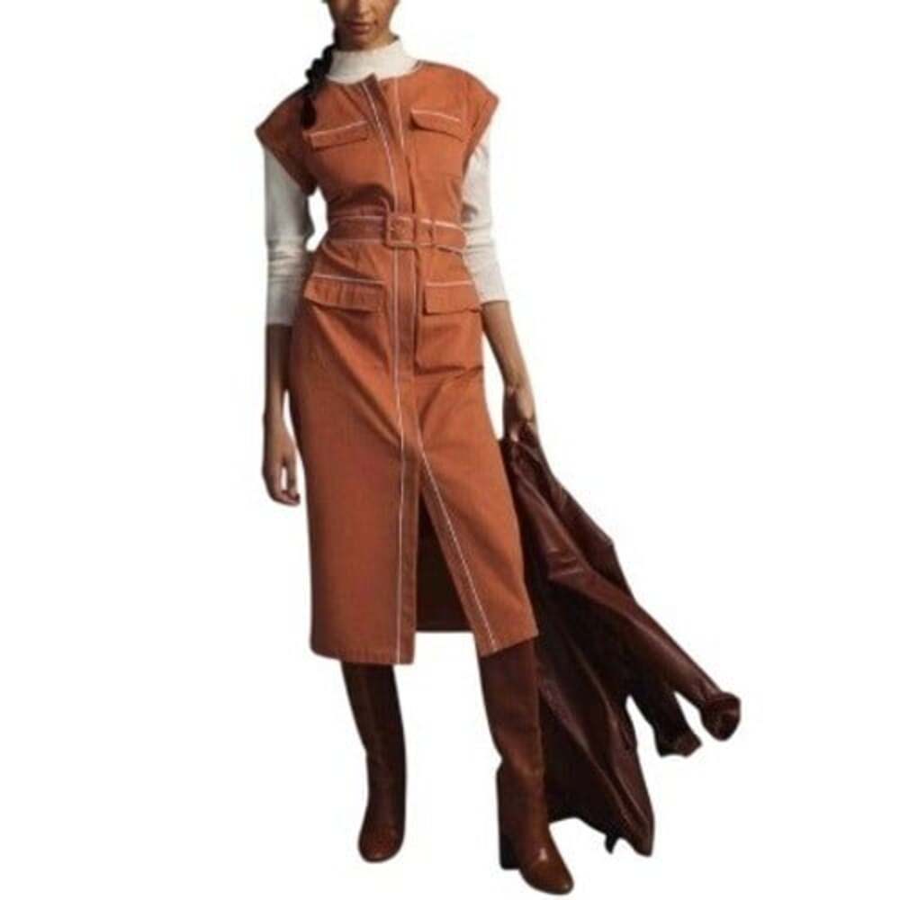 Mare Mare x Anthropologie Brown Rust White Piping Button Up Midi Dress Size M